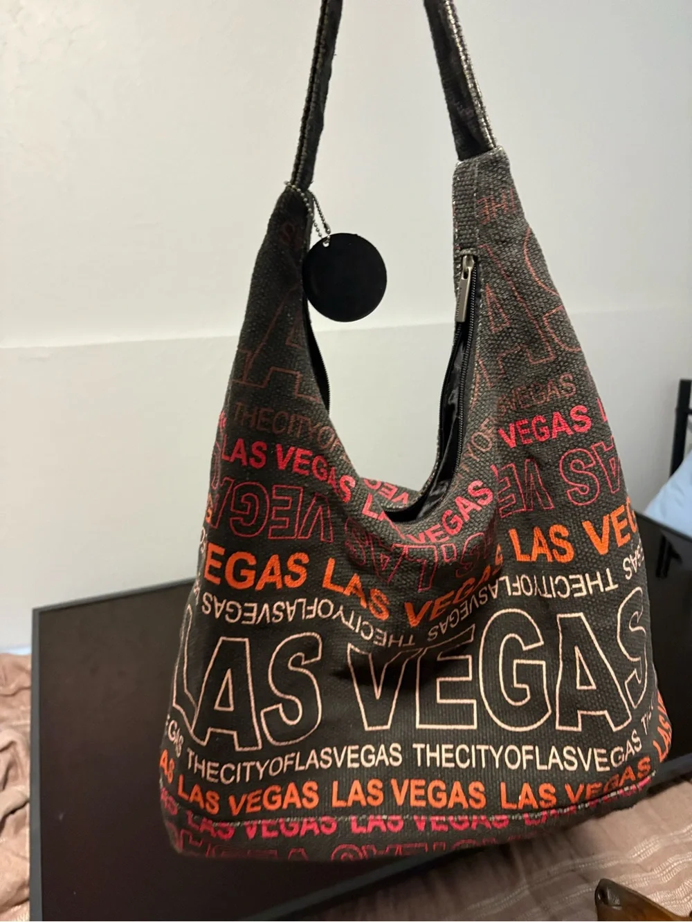 Las Vegas Print Canvas Hobo Bag - Black & Orange
